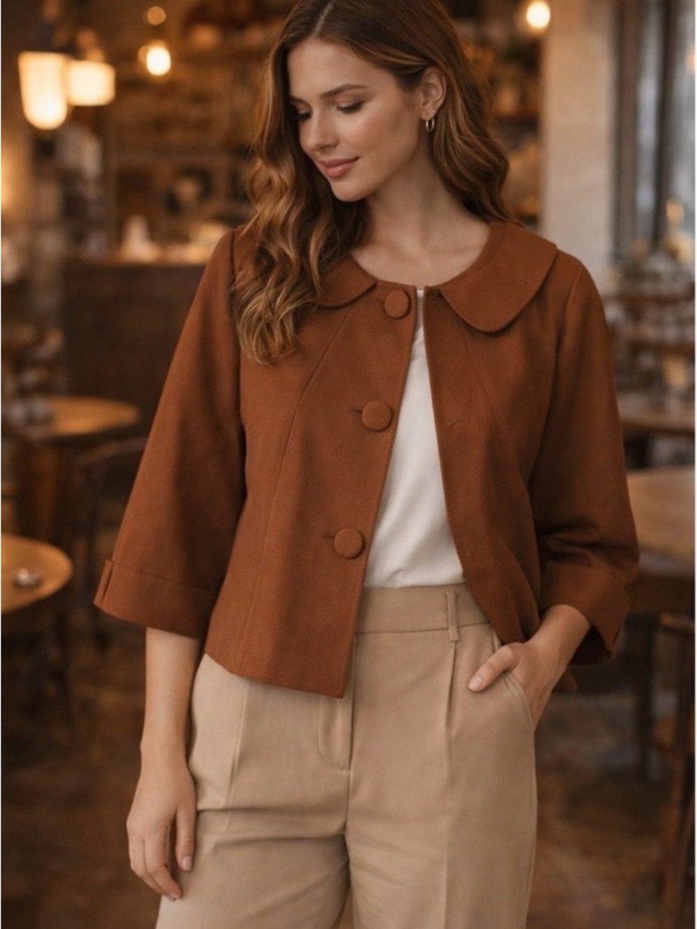 H&M Brown Cropped Button Jacket with Peter Pan Collar 3/4 Sleeve Size 12